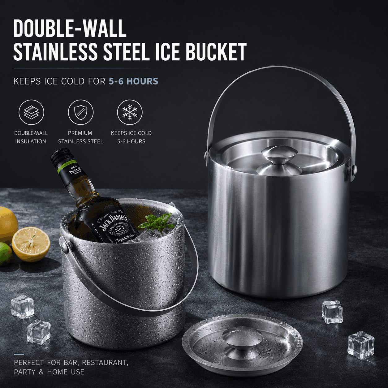 Double-Wall Stainless Steel Ice Bucket with Lid